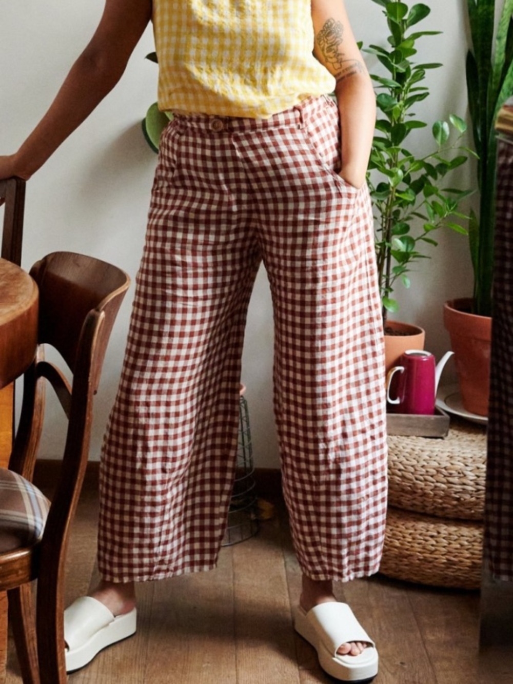 Linenfox Rust Gingham Button-Front Pants